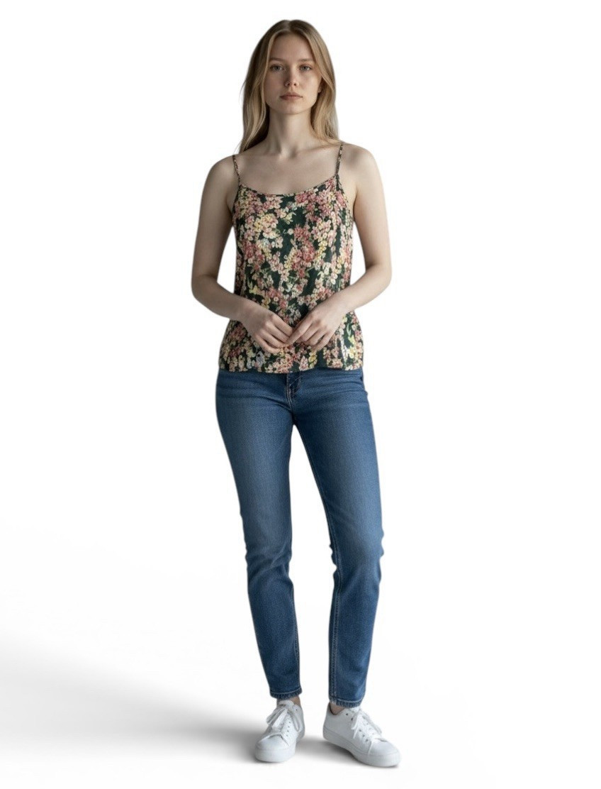 FARM Green Multicolor Floral Scoop Neck Spaghetti Strap Woven Cami Top M