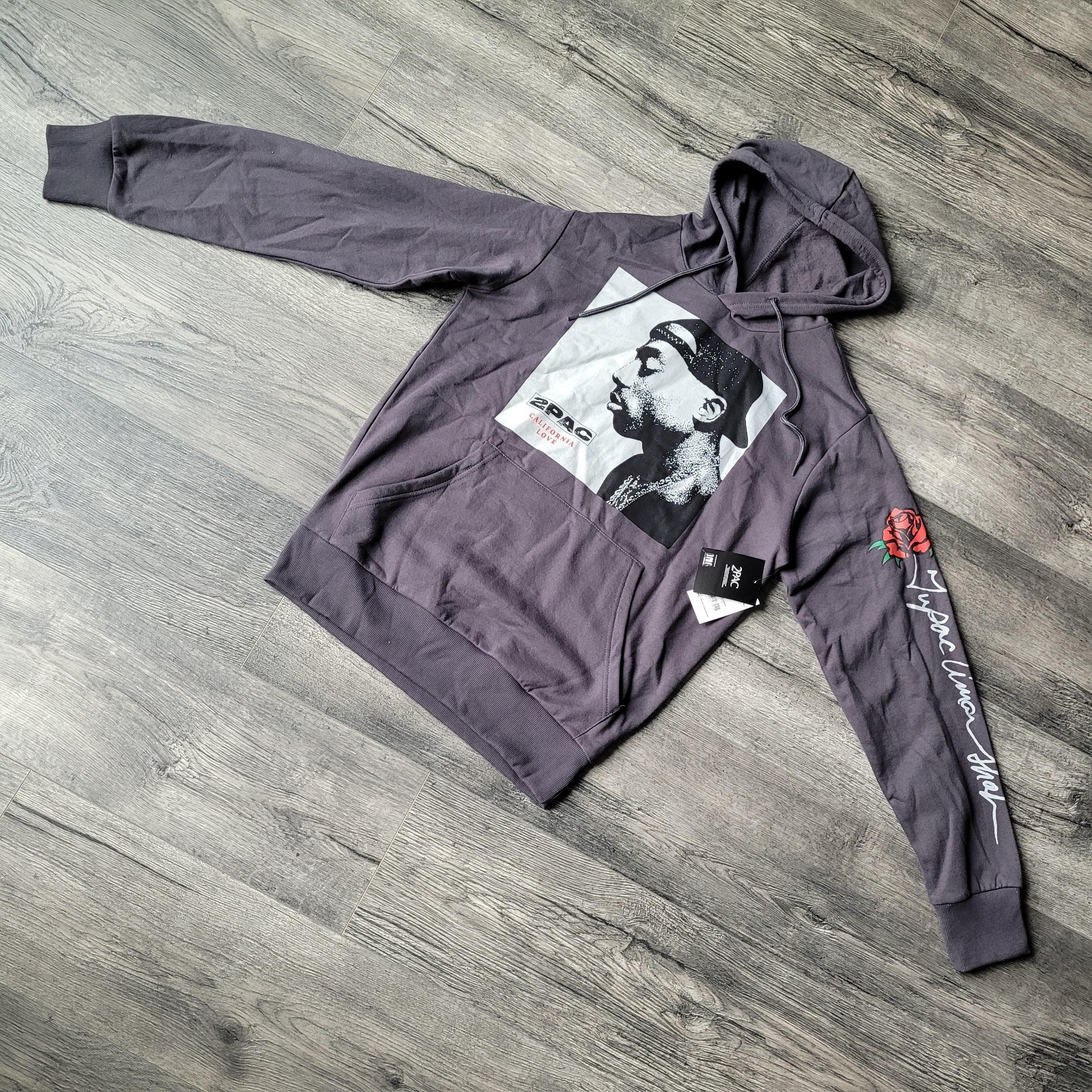 New NWT Size Sm Tupac “California Love” Pullover Hoodie Unisex Volcanic Ash Gray