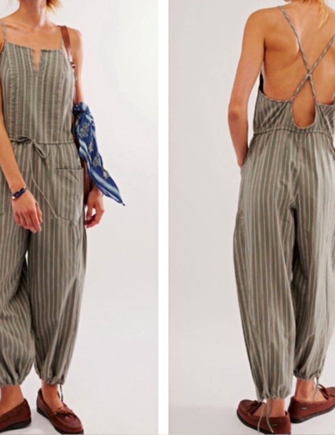 Free People Verona Striped 100% Cotton One-Piece Jumpsuit Gray/White XL