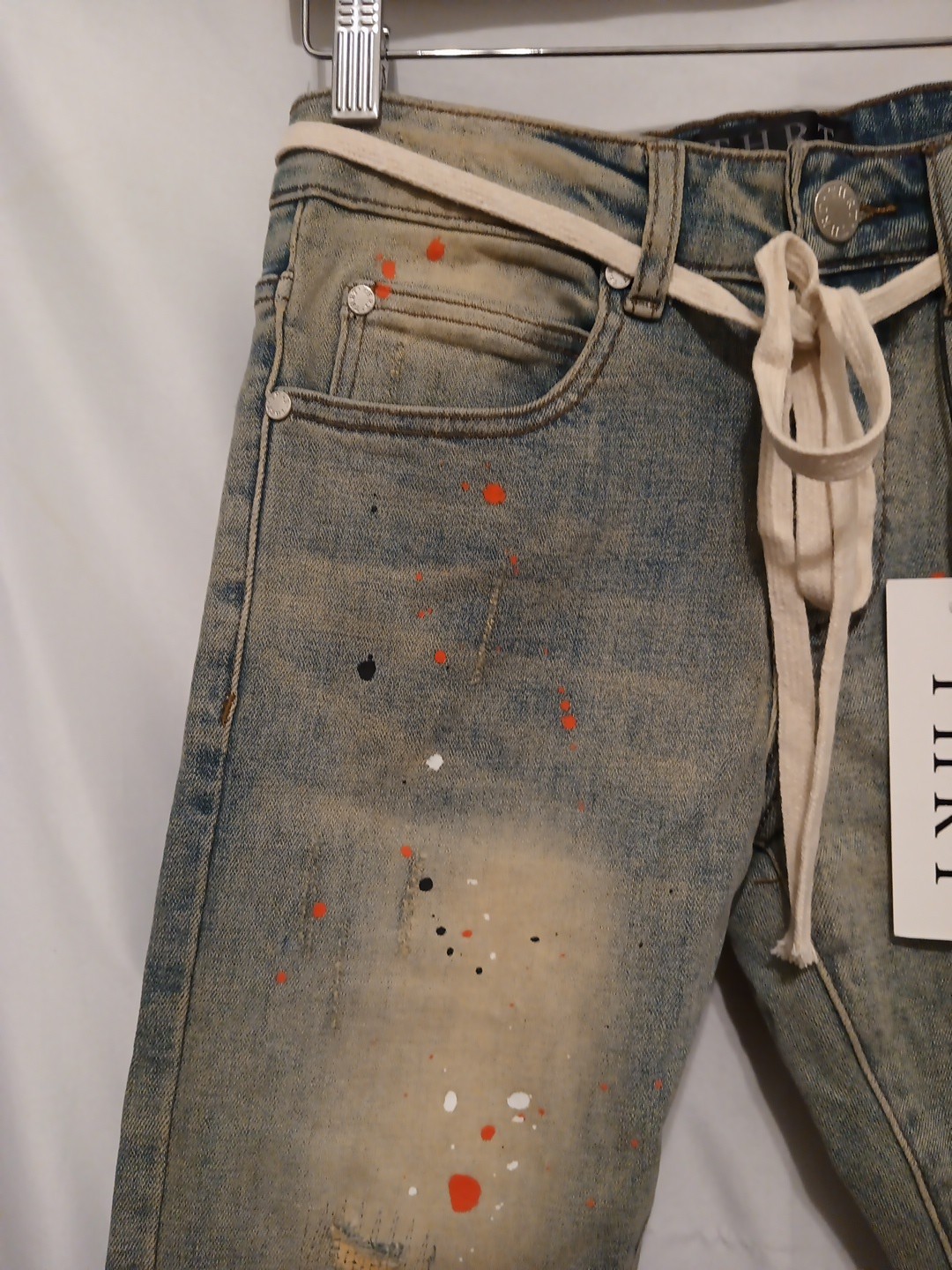 THRT Citrus Denim Jean Men 28 Blue Paint Splatter Slim Leg Distressed Drawstring