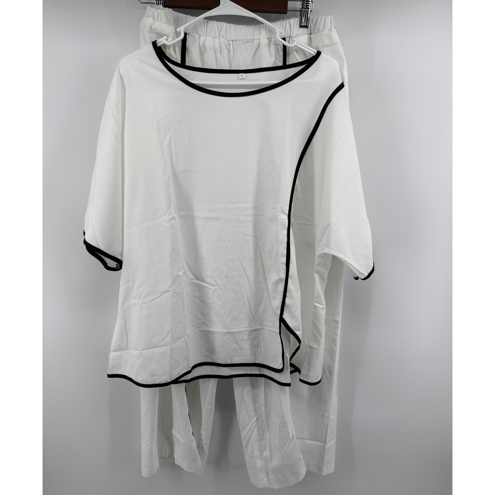 White Black Trim 2 Piece Lounge Set Short Sleeve Top Wide Leg Pants 1XL