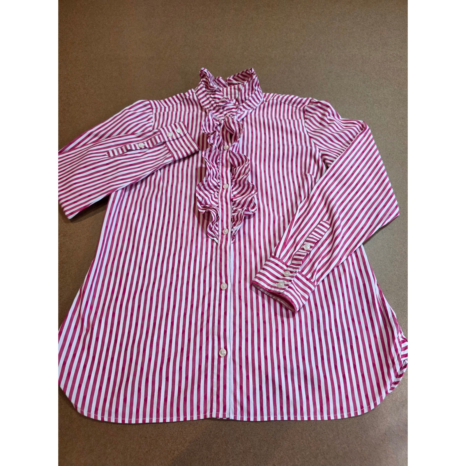 Vineyard Vines Pink White Striped Ruffle Front Button Down Shirt Womens 10