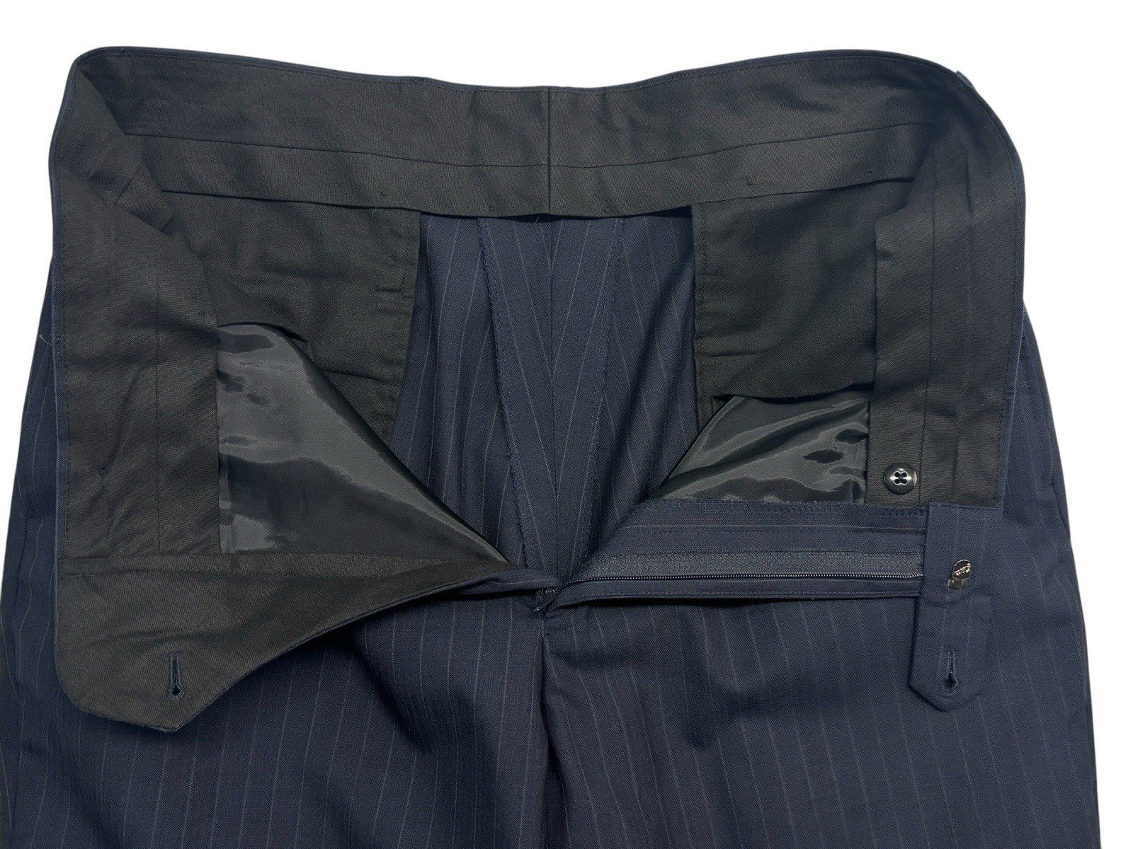 Jos A Bank 42R 36×31 Navy Blue Stripe 2pc Pant Suit Flat Front Wool Classic