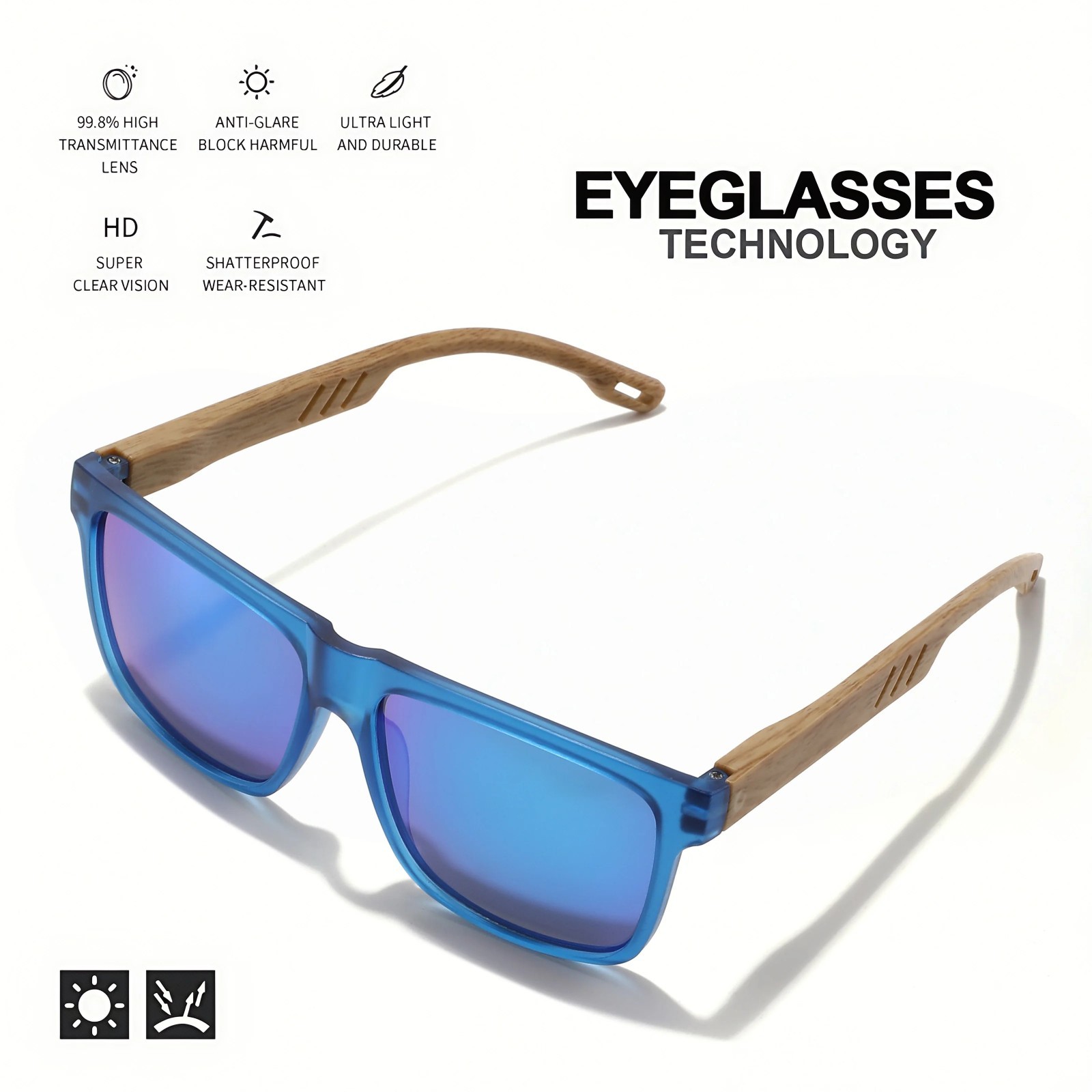 4PCS Wood Grain Spring Hinge Sunglasses Square UV400 Retro Unisex