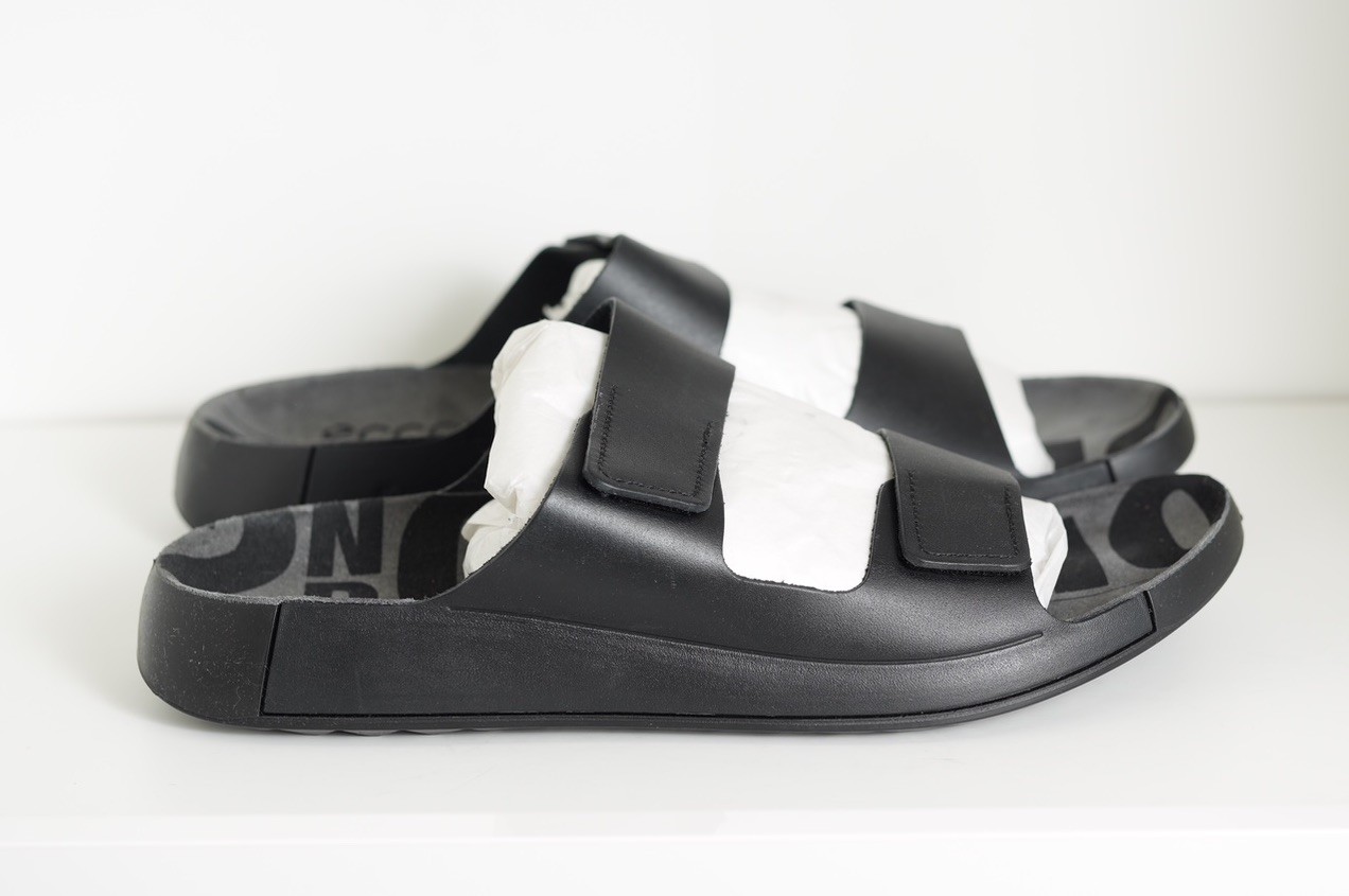 $120 Ecco Men’s 2nd Cozmo Two Band Slide Black Leather Sandals US 11 11.5 EU 45