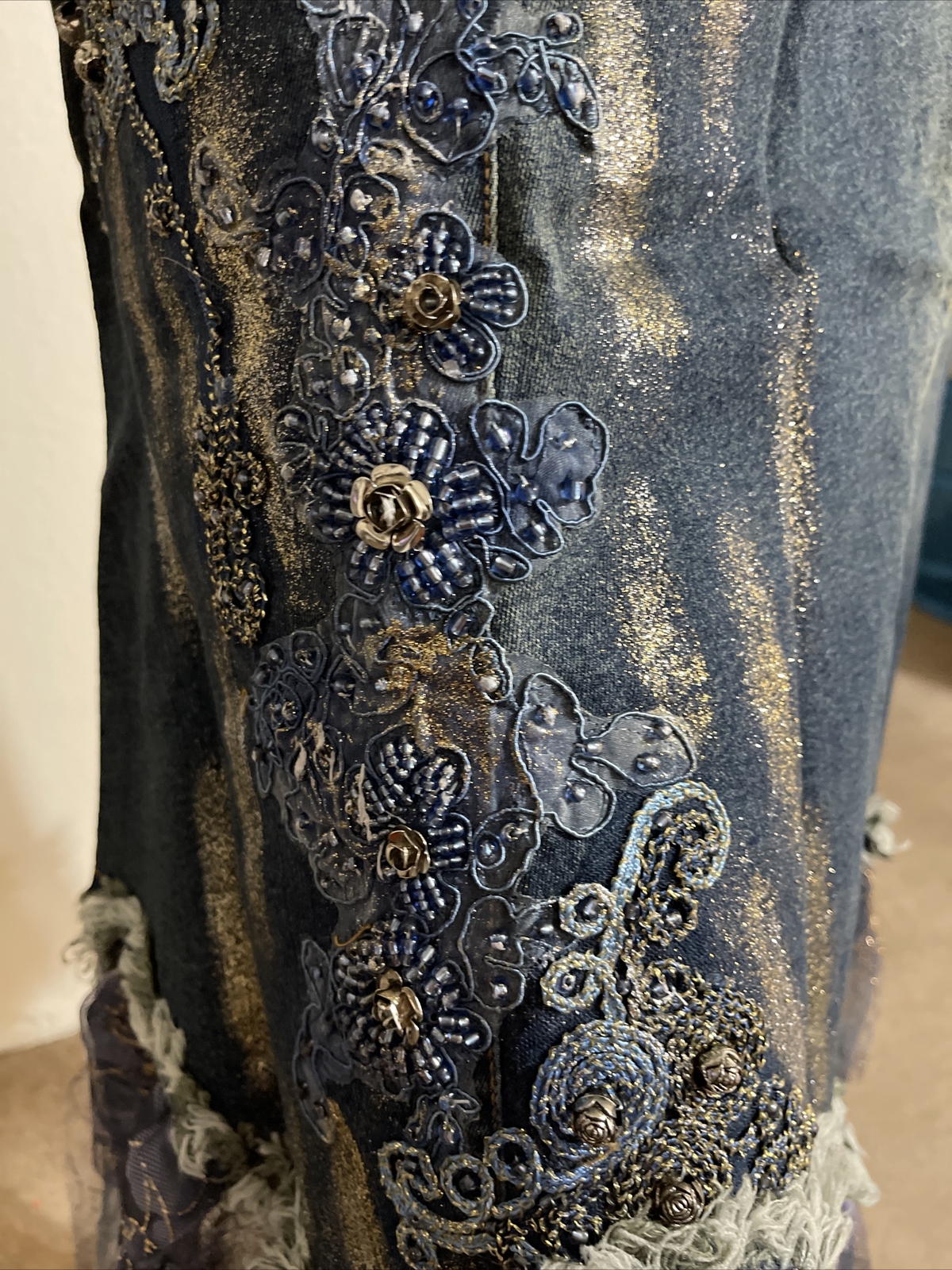 Blue Denim Beaded Embroidery Lace Boho Asymmetric Zip Size XL (10-12) Skirt 9002