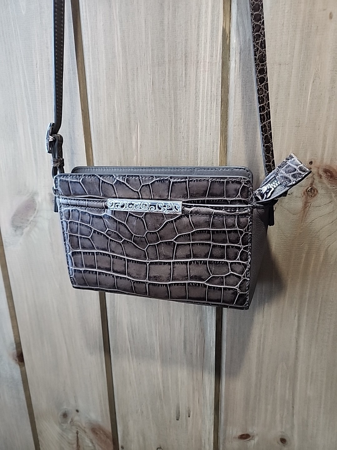 VTG-Brighton Crocodile Print Leather Purse-Has LG Pocket In Front & Back 9 x 7”h