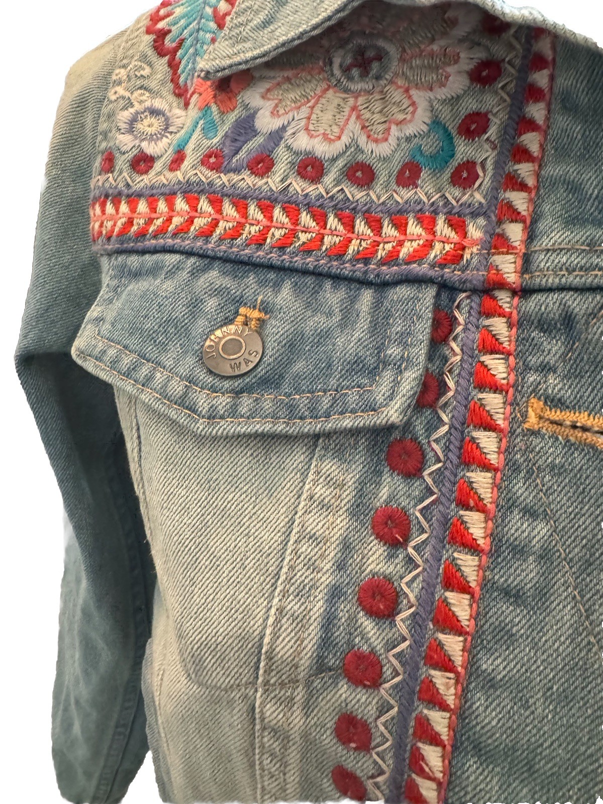 Johnny Was Oman Embroidered Denim Jean Jacket Women’s Boho Artsy Colorful XS