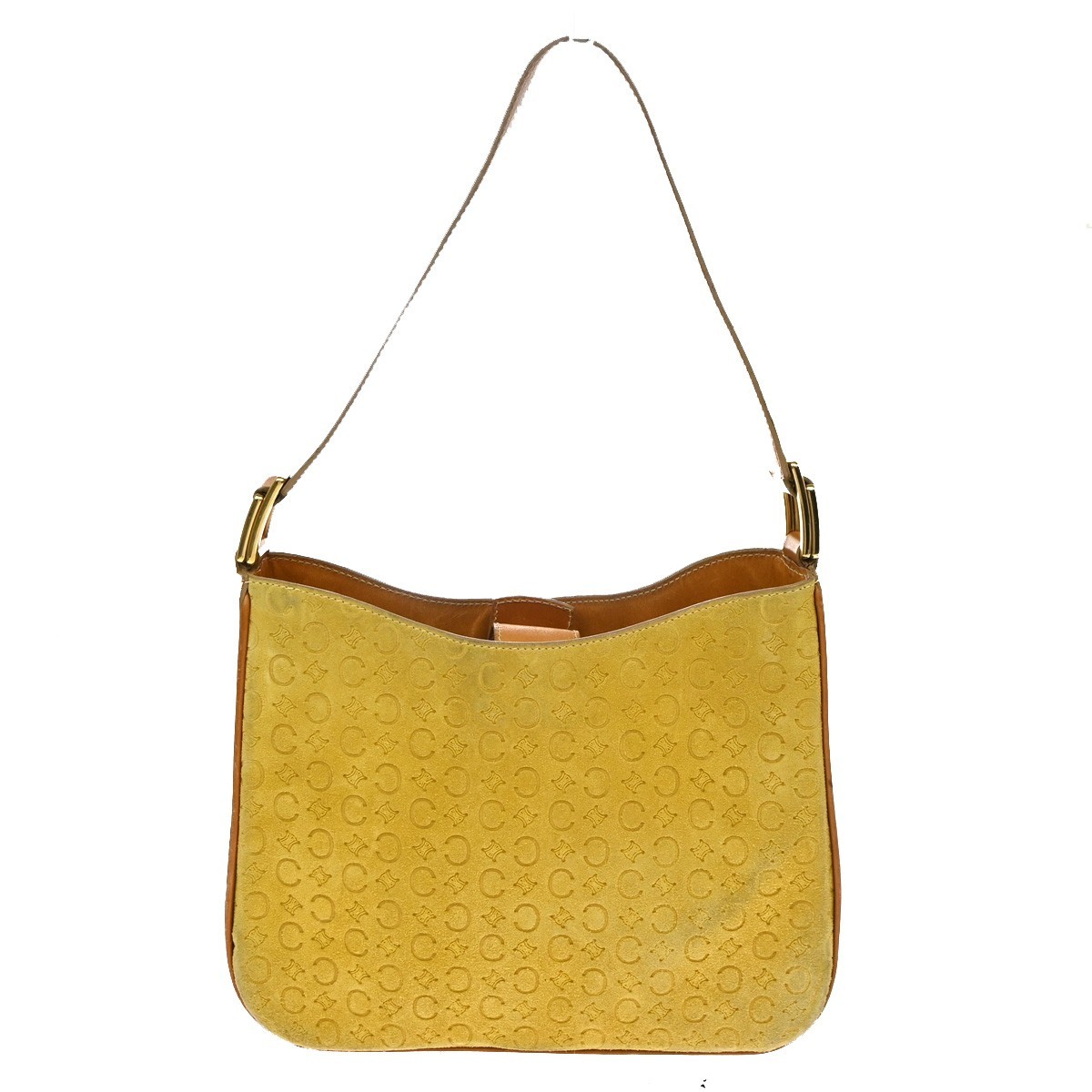 CELINE Logo C Macadam Pattern Shoulder Bag Suede Leather Yellow GHW 38KD150