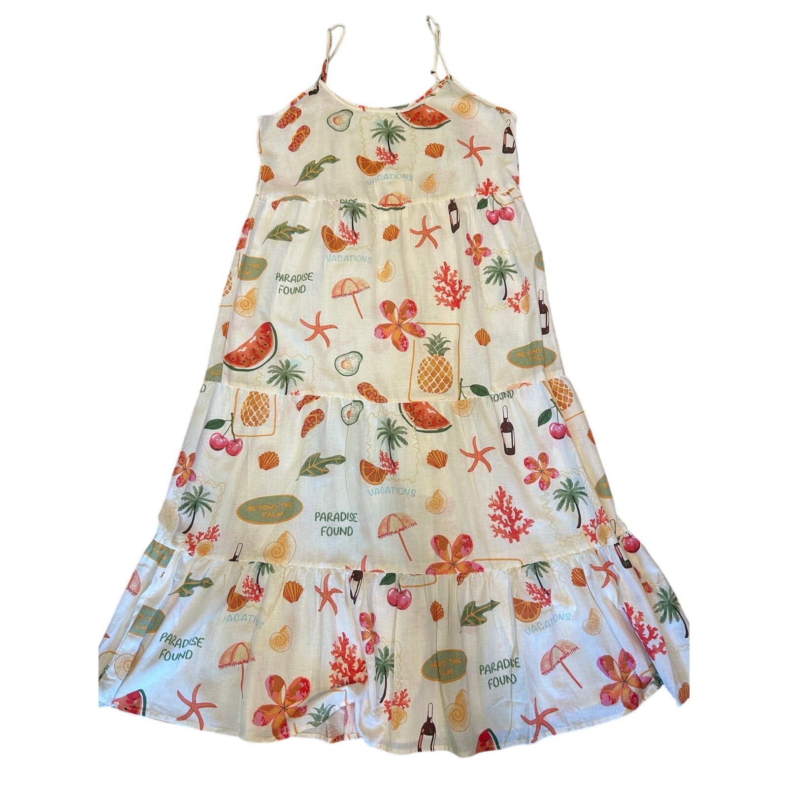 Tropical Vacation Print Tiered Midi Dress Womens L XL Beach Palm Fruit Sundress