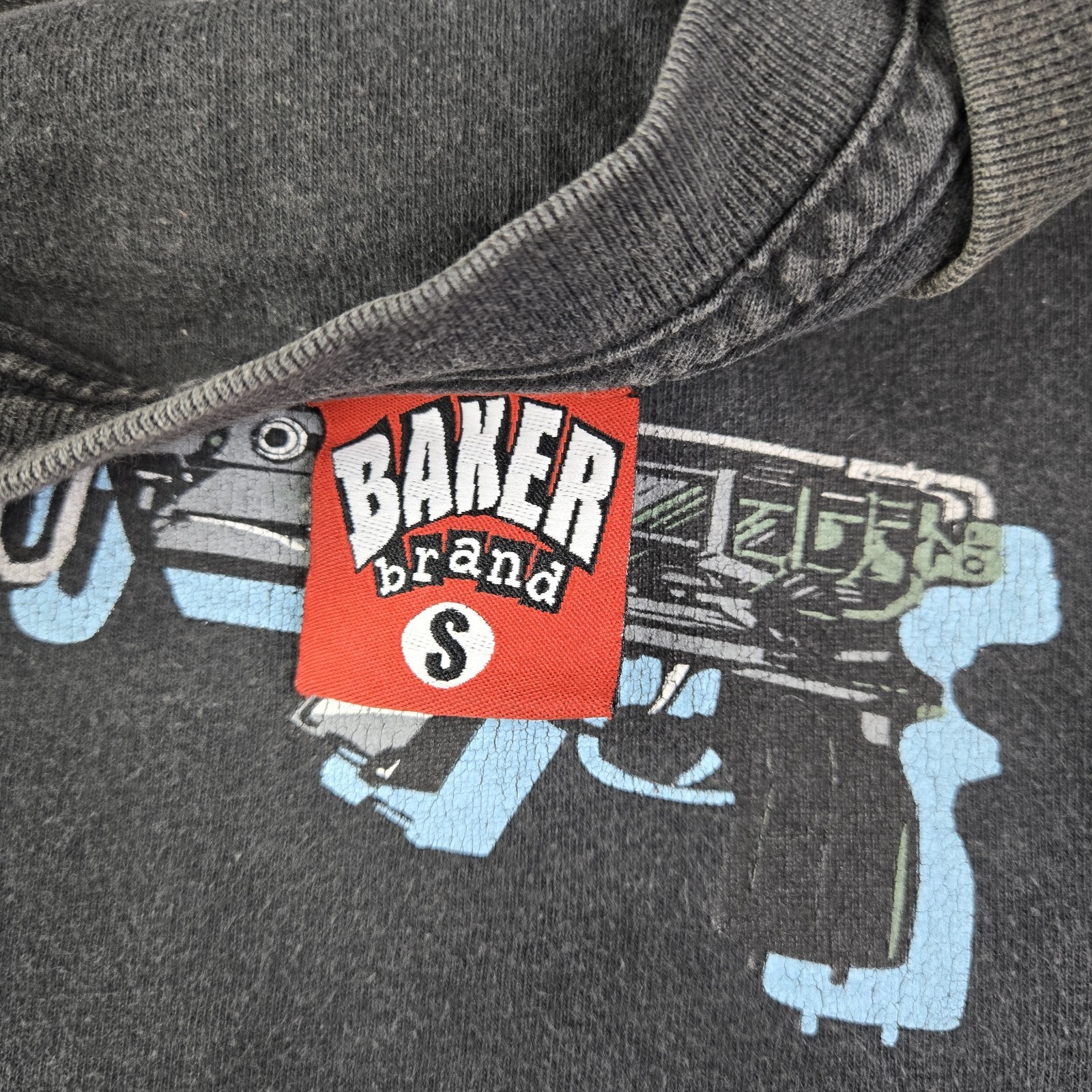 Vintage Baker Skateboards Mini Uzi Gun Ride Or Die Skate Tee, Sz S 17×26″, Fade