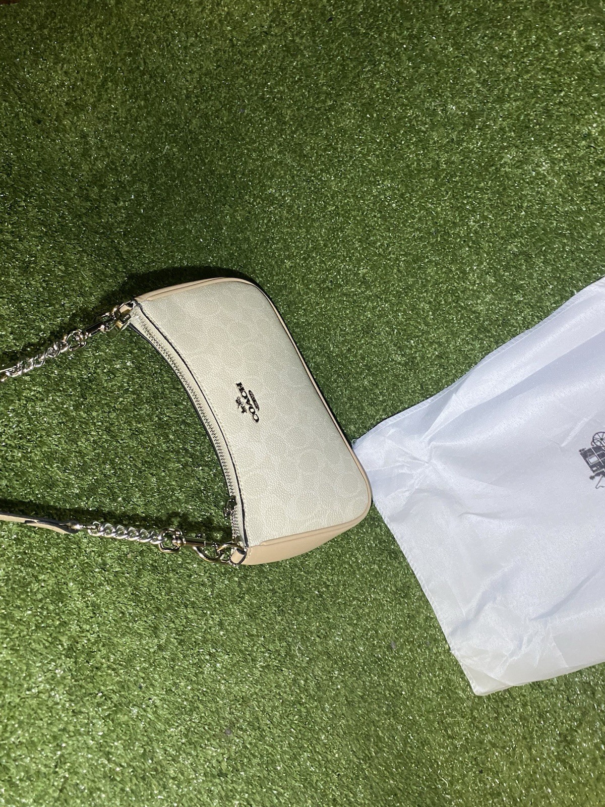 Coach Signature Beige Small Zip Shoulder Bag Chain Strap Silver Hardware