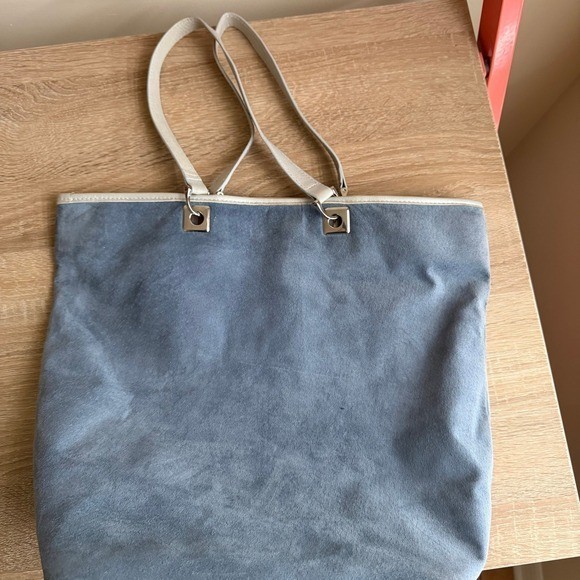 N.A.N. Blue Suede Leather Trim Tote Bag Silver Hardware Shoulder Bag Large y2k