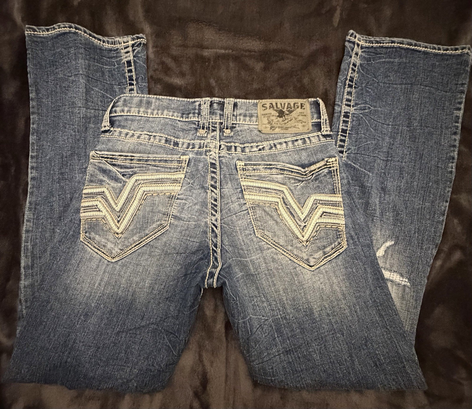 Salvage Men’s Blue Medium Wash Bootcut Denim Jeans Distressed 5-Pocket Low