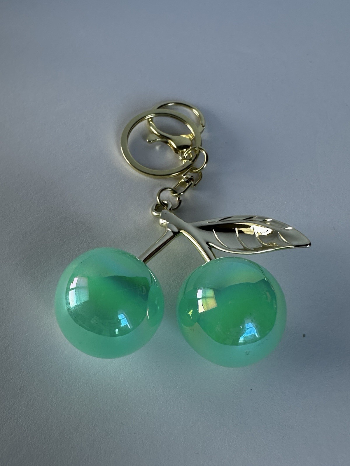 Iridescent Gloss Mirrored Cherry Bag Charms Keychain Gold + Velvet Dustbag