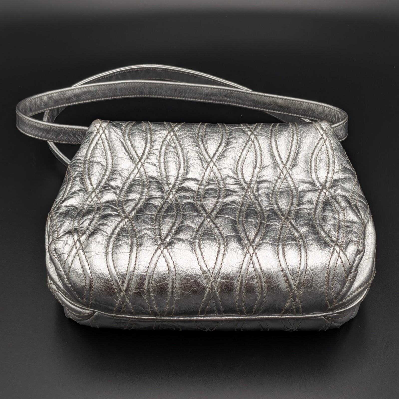 Morris Moskowitz Silver Metallic Evening Bag Quilted Embroidered Frame Purse