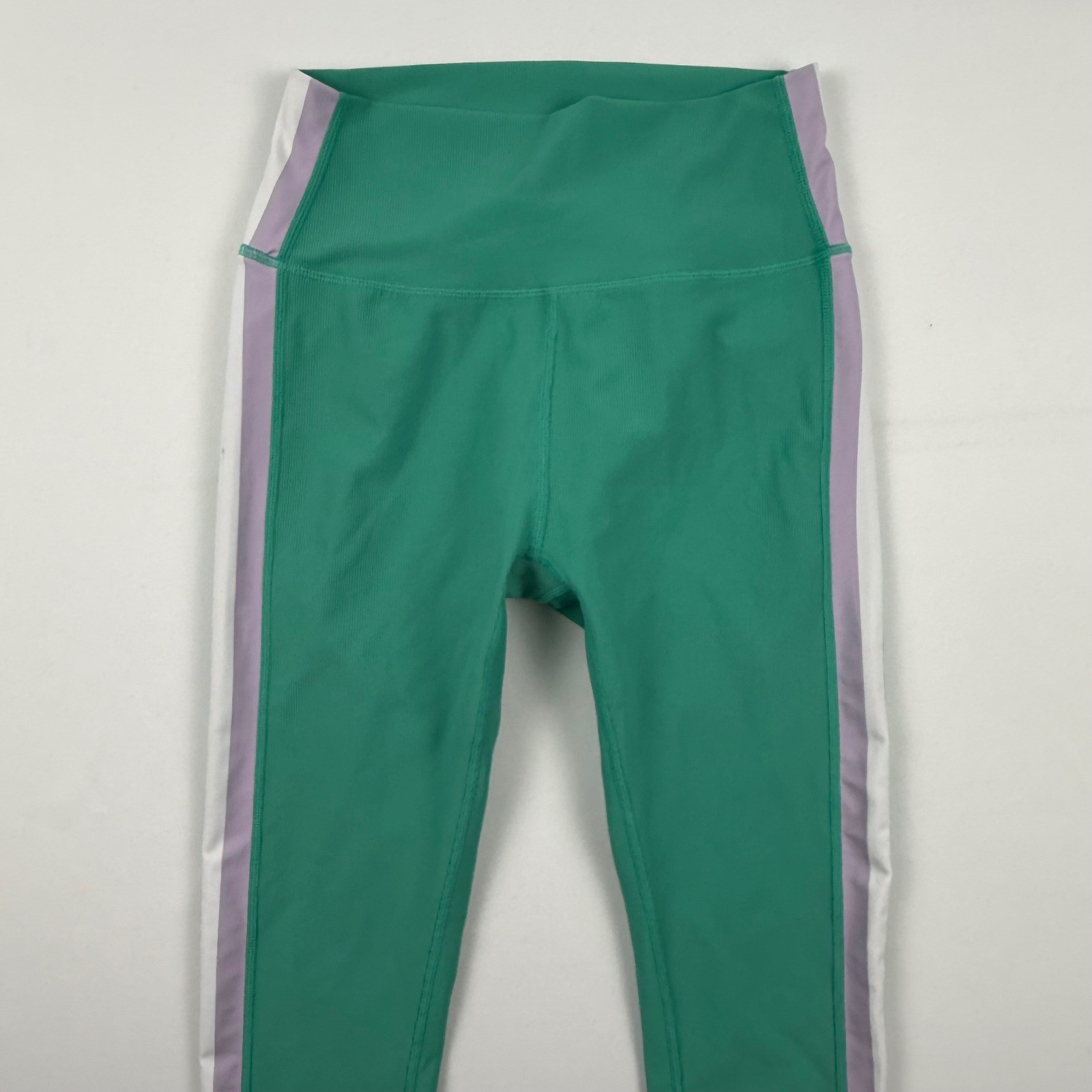 Wilo Active Green Ribbed High Waisted Leggings Purple White Side Stripe Size M