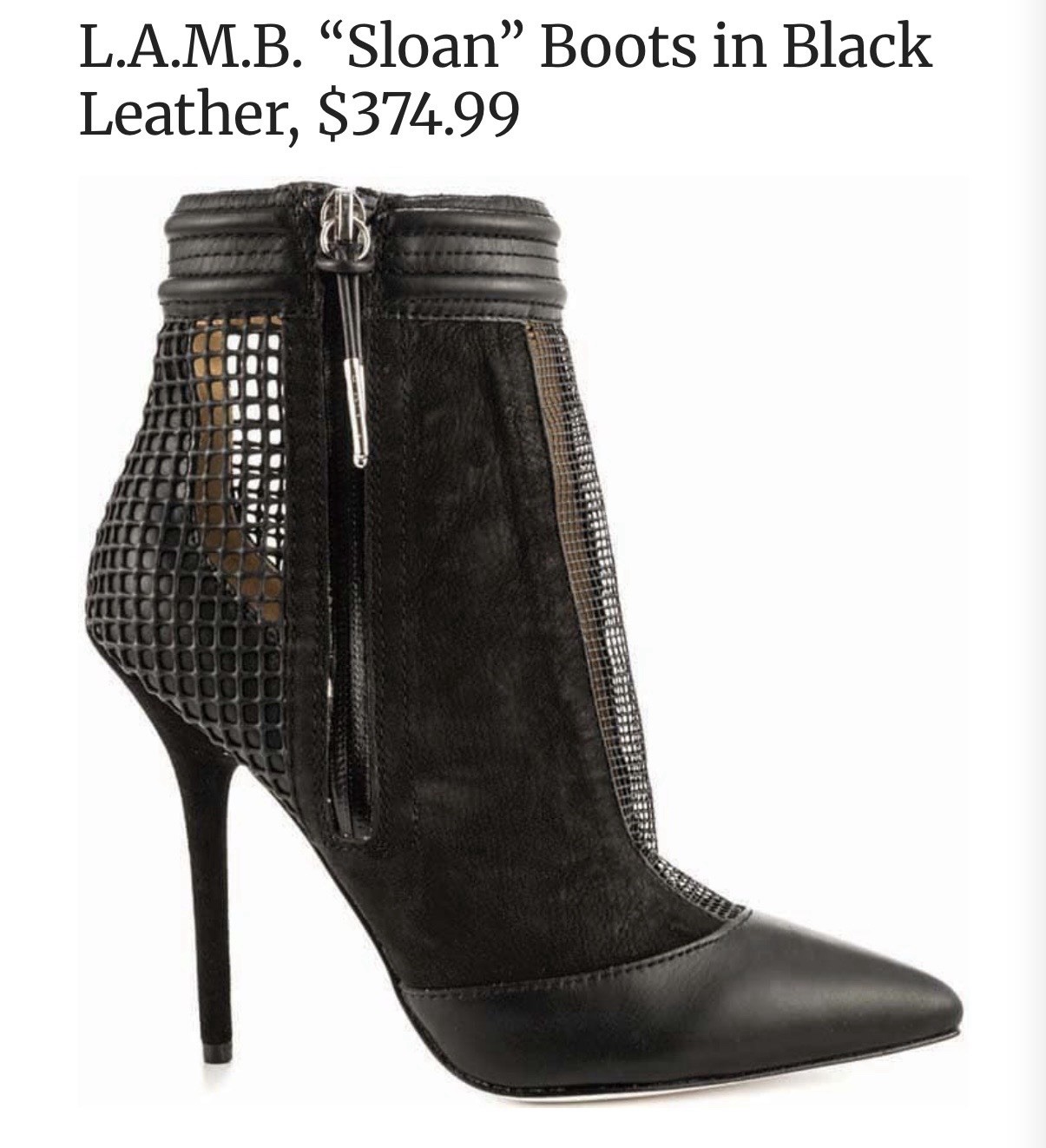 L.A.M.B. Gwen Stefani Sloan Black Leather Mesh Ankle Stiletto Boots 8M