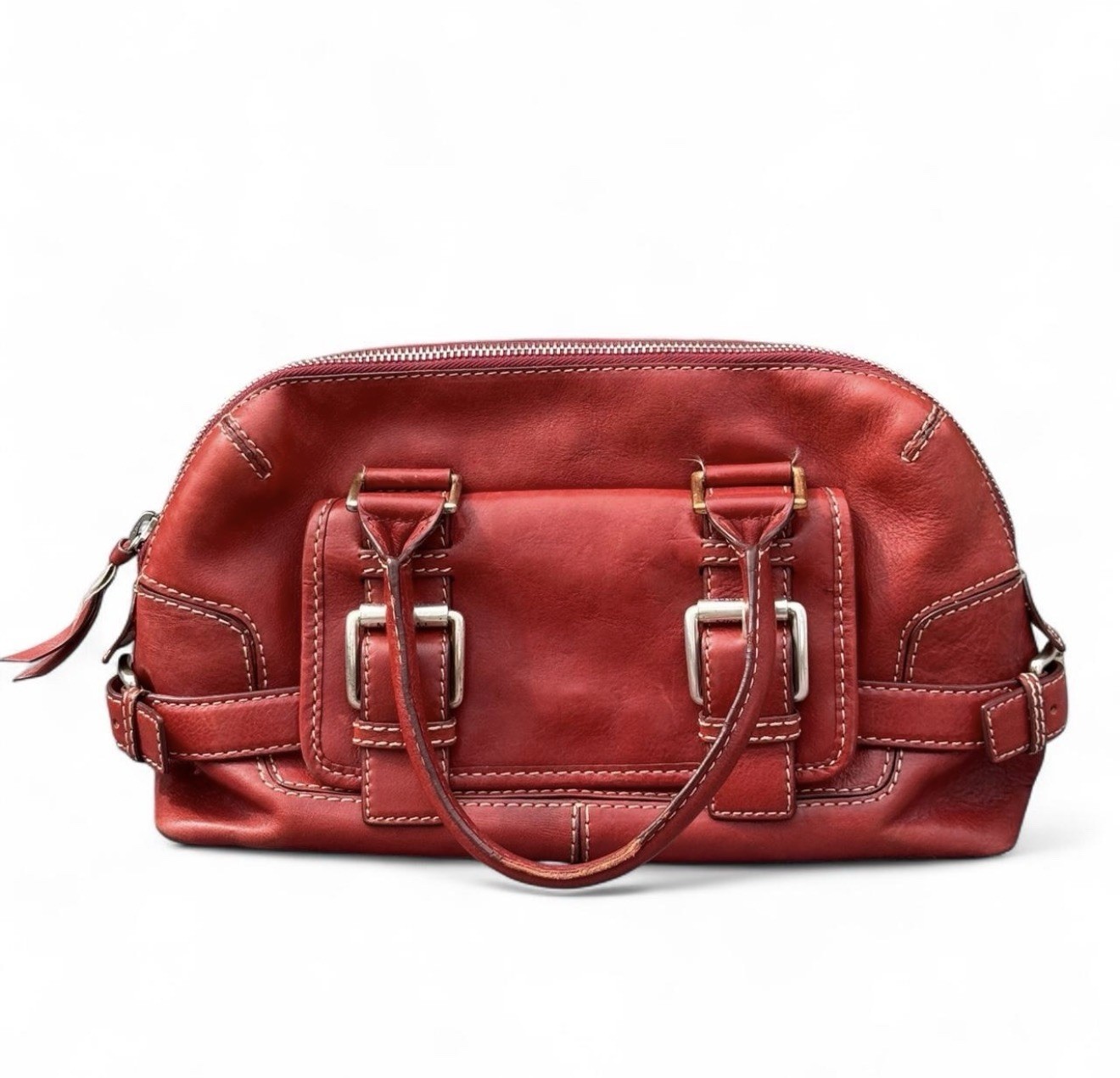 Michael Kors Red Satchel Top Handle Bag with Zipper, Buckle Accent