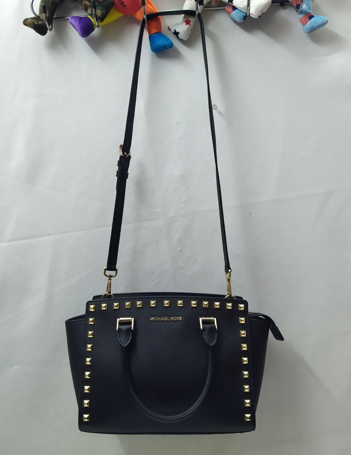 Michael Kors Black Leather Studded Double Handles Satchel Bag