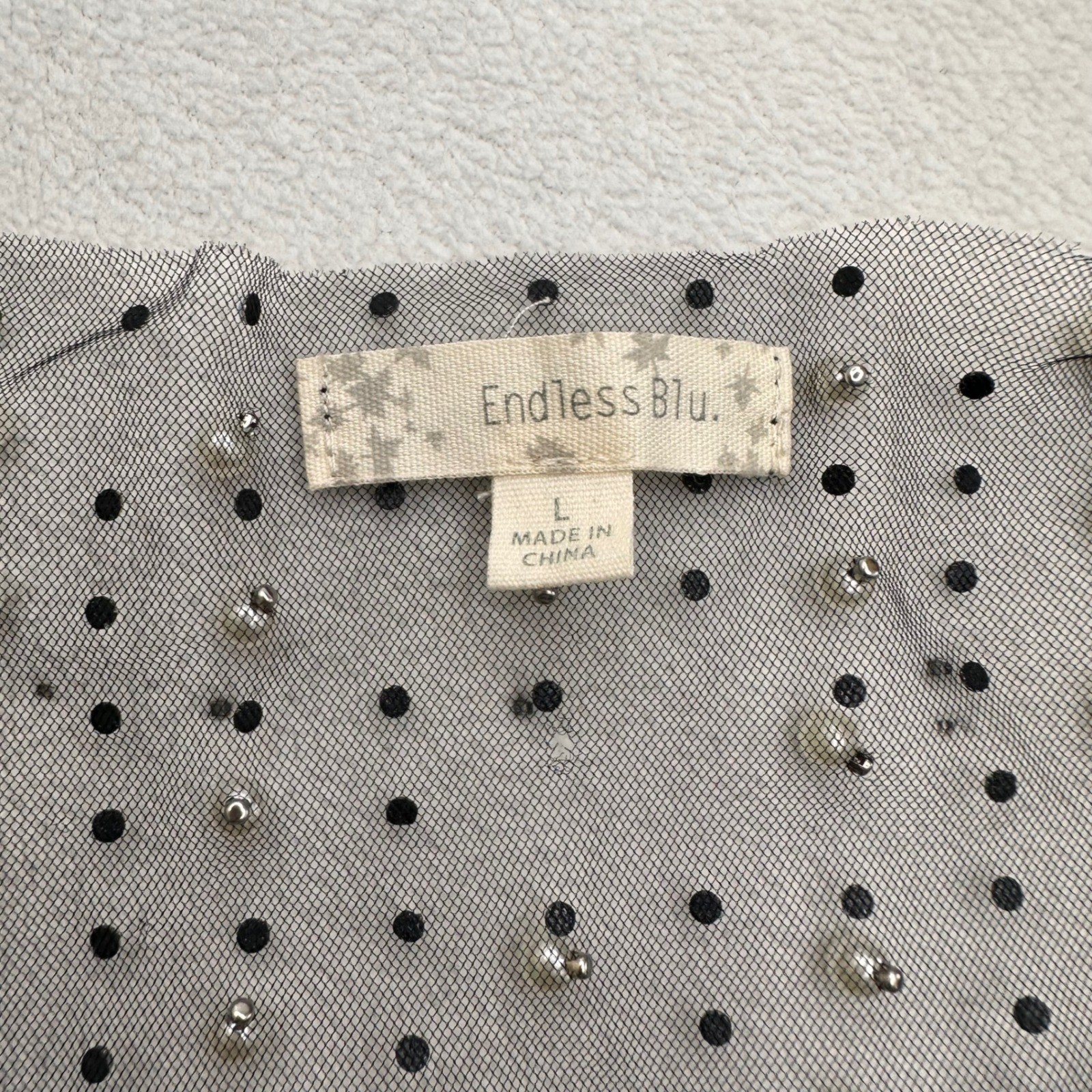 Endless Blu Women Black Sheer Pearl Rhinestone Crop Top Sz Lg Festival Goth Edgy