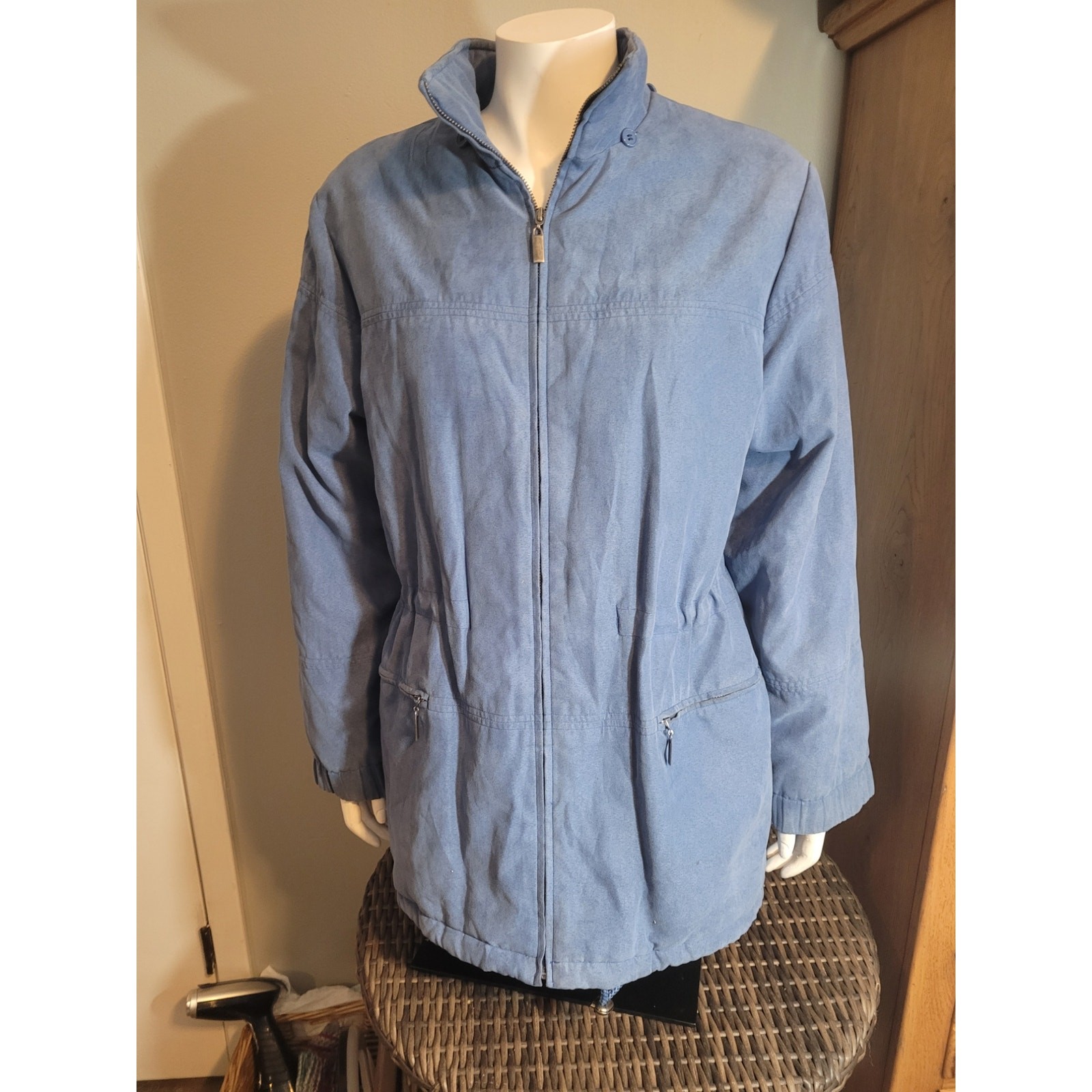 Blue Faux Suede Utility Jacket Thermolite Insulated Lightweight Winter Coat
