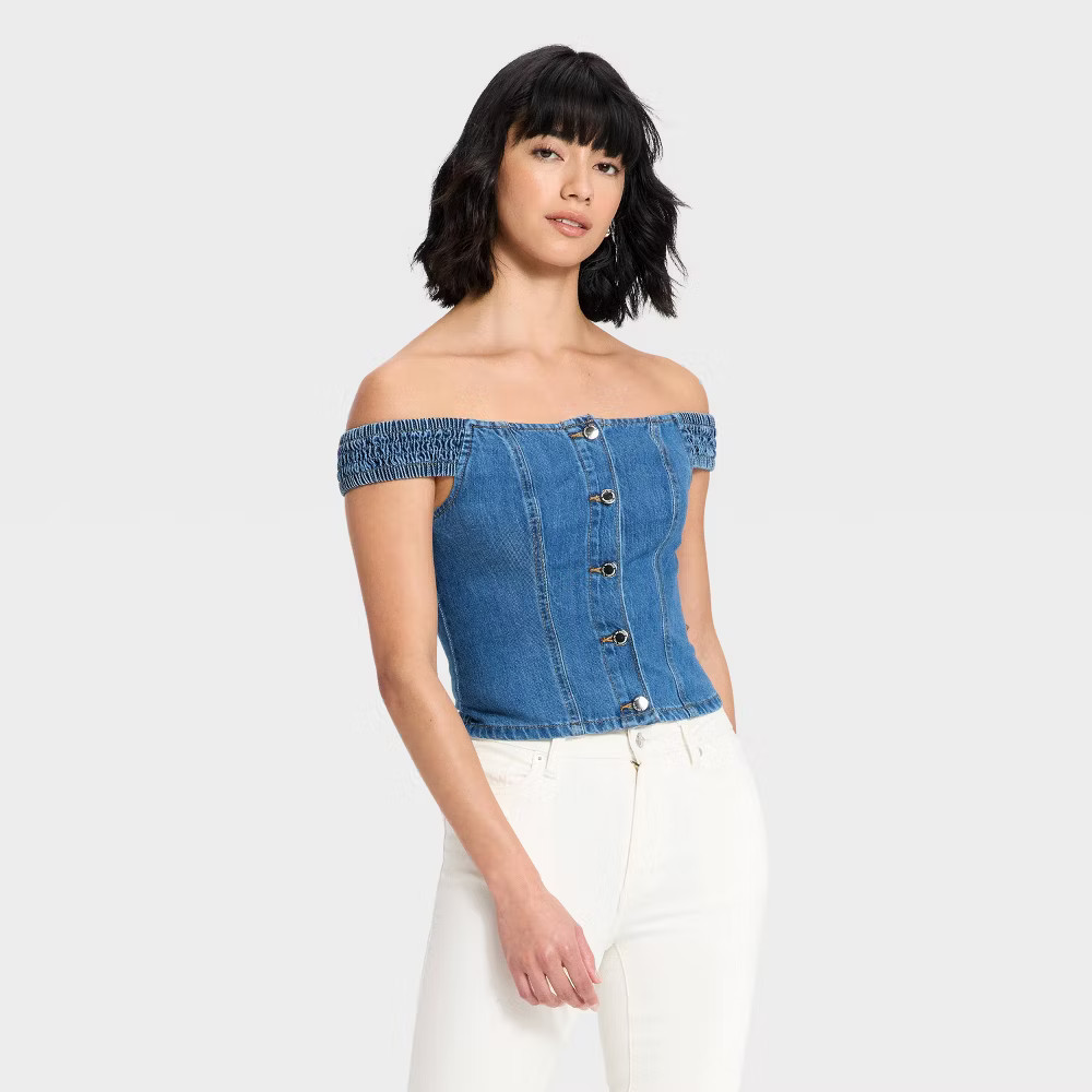 Women Off the Shoulder Denim Top – Universal Thread Dark Wash XS