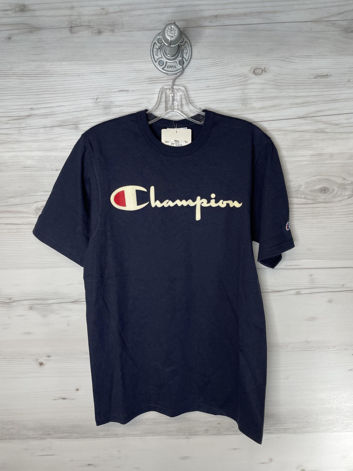 Champion Shirt Mens Small Navy Script Logo Crewneck Short Sleeve Cotton GT19