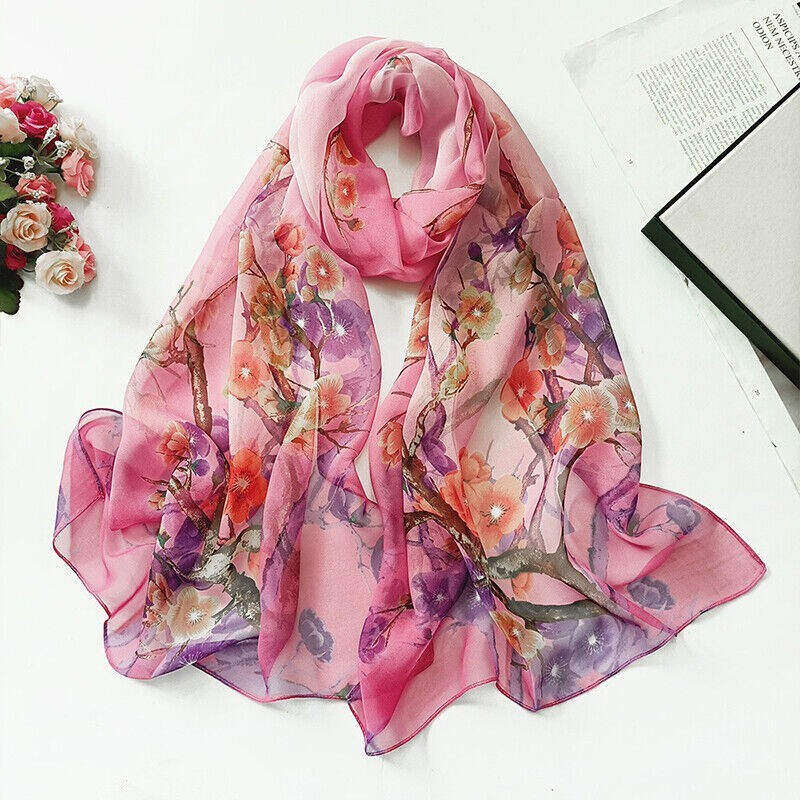 Pink Blossom Fashion Scarf Women’s Chiffon Printed Soft Fashion Wrap 63 x 19 in