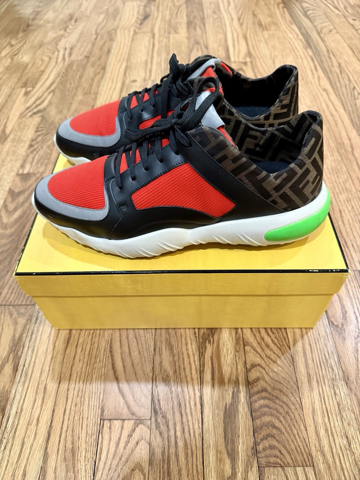 FENDI Zucca Monogram Low Top Sneakers Red Neon Green UK10