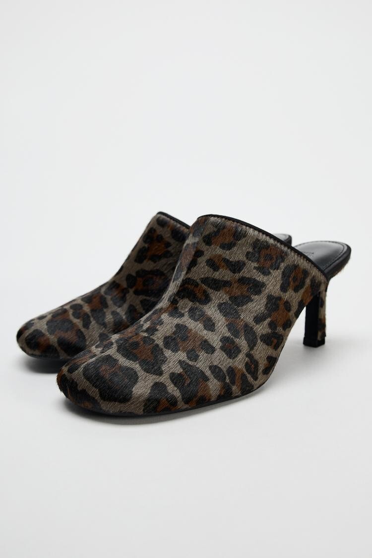 Zara Animal Print 100% Leather Mules Leopard Print Square Toe 2.8in Heel Sz 7.5