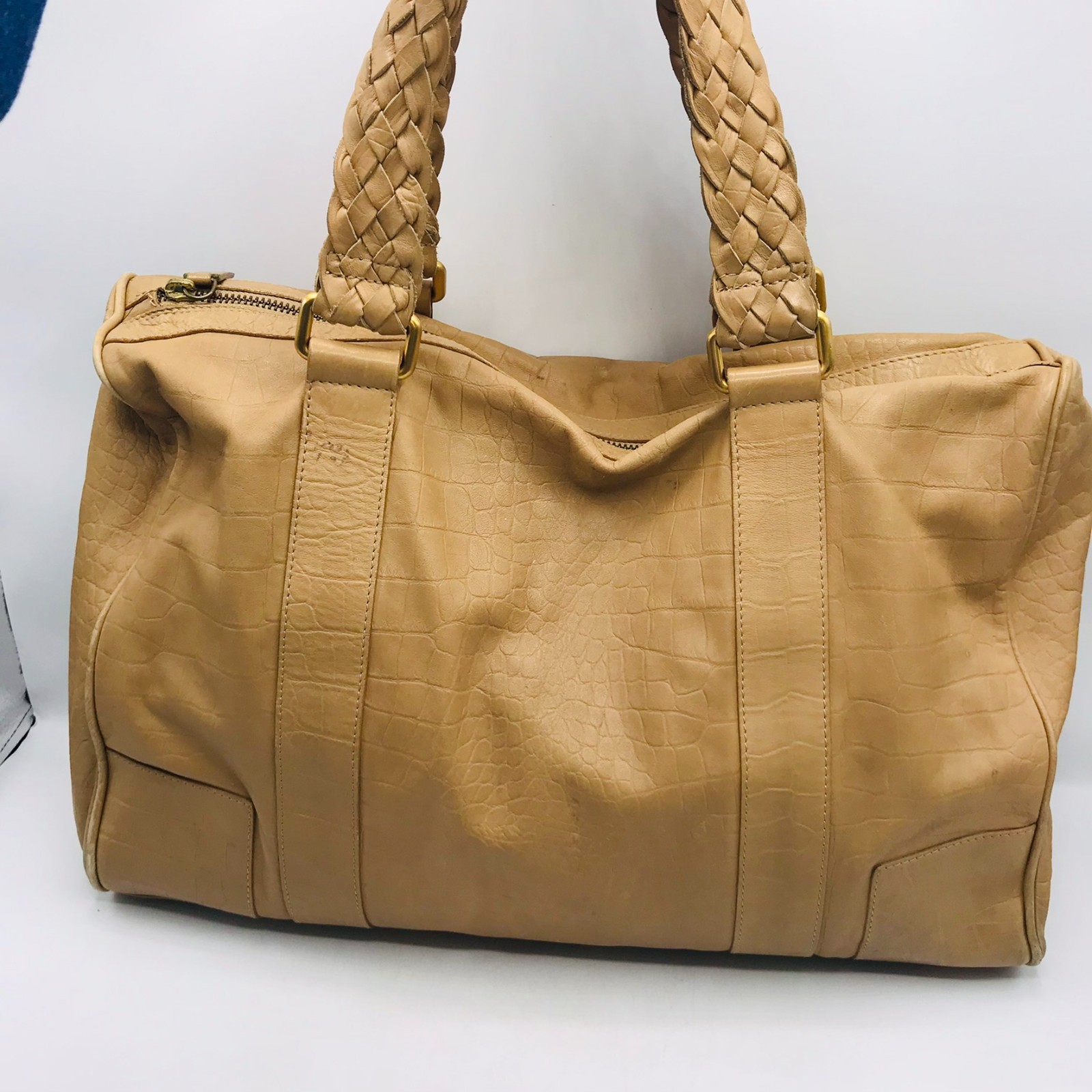 Falor Tan Leather Tote Bag Made In Italy with Woven Handles Embossed Snakeskin