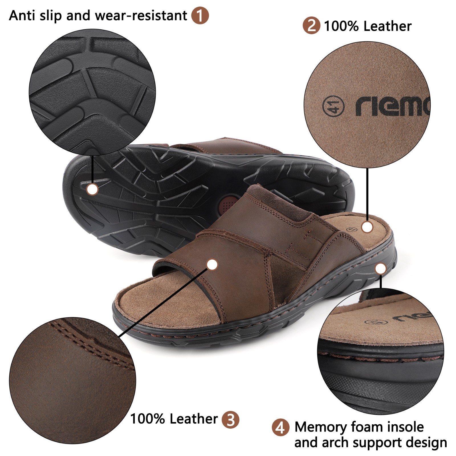 riemot Mens Leather Sandals Memory Foam Footbed Summer Beach Sandal