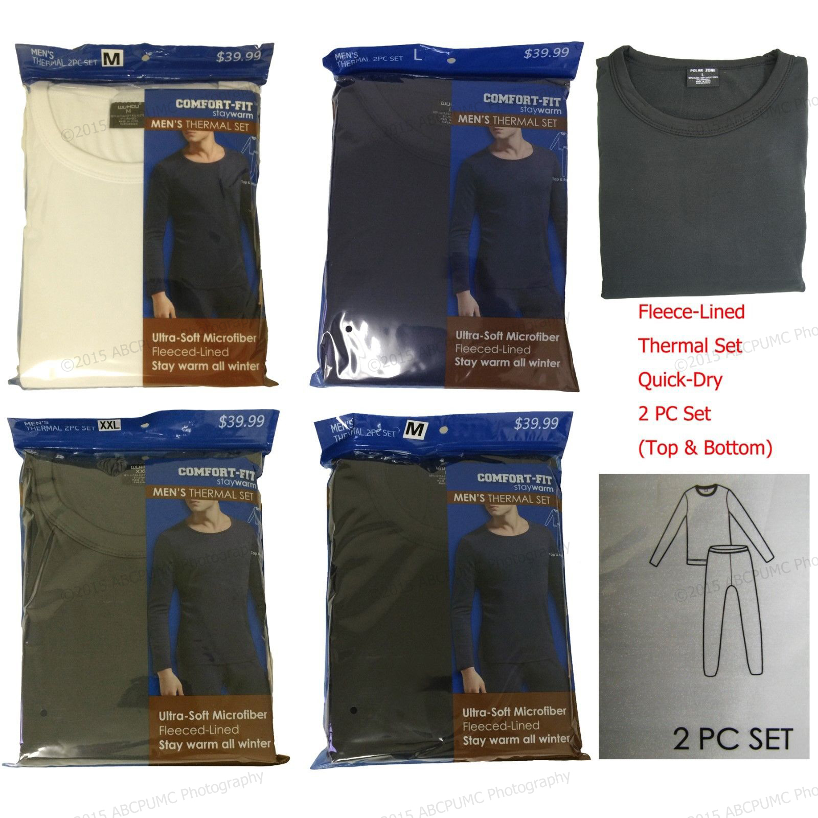 Men’s Thermal Set Comfort Fit Fleece Line Underwear 2 PC Set:Top & Bottom, Sizes