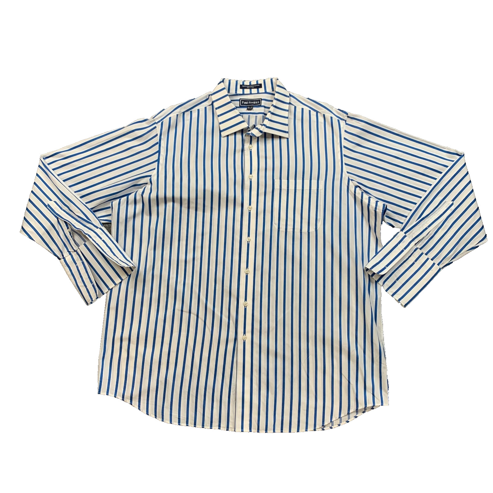 Paul Fredrick Dress Shirt Mens 18.5 Harbor Blue Staple Cotton Stripe French Cuff