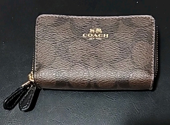 Coach Women’s Slim Double Zip Wallet – Brown pebbled leather 2.75 x 4.5 inches