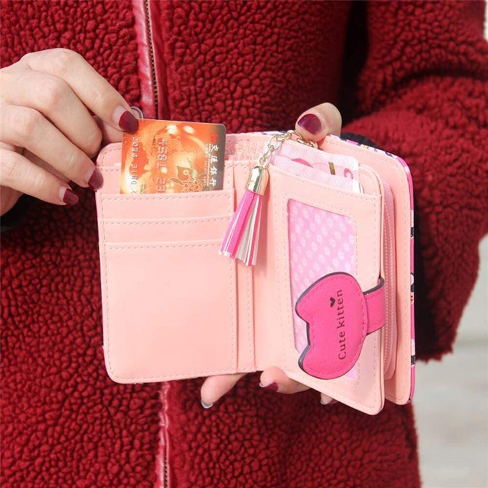 Womens Zip Around Bifold Wallet with Hasp Cute Kitty Leather Small Handbag Purse