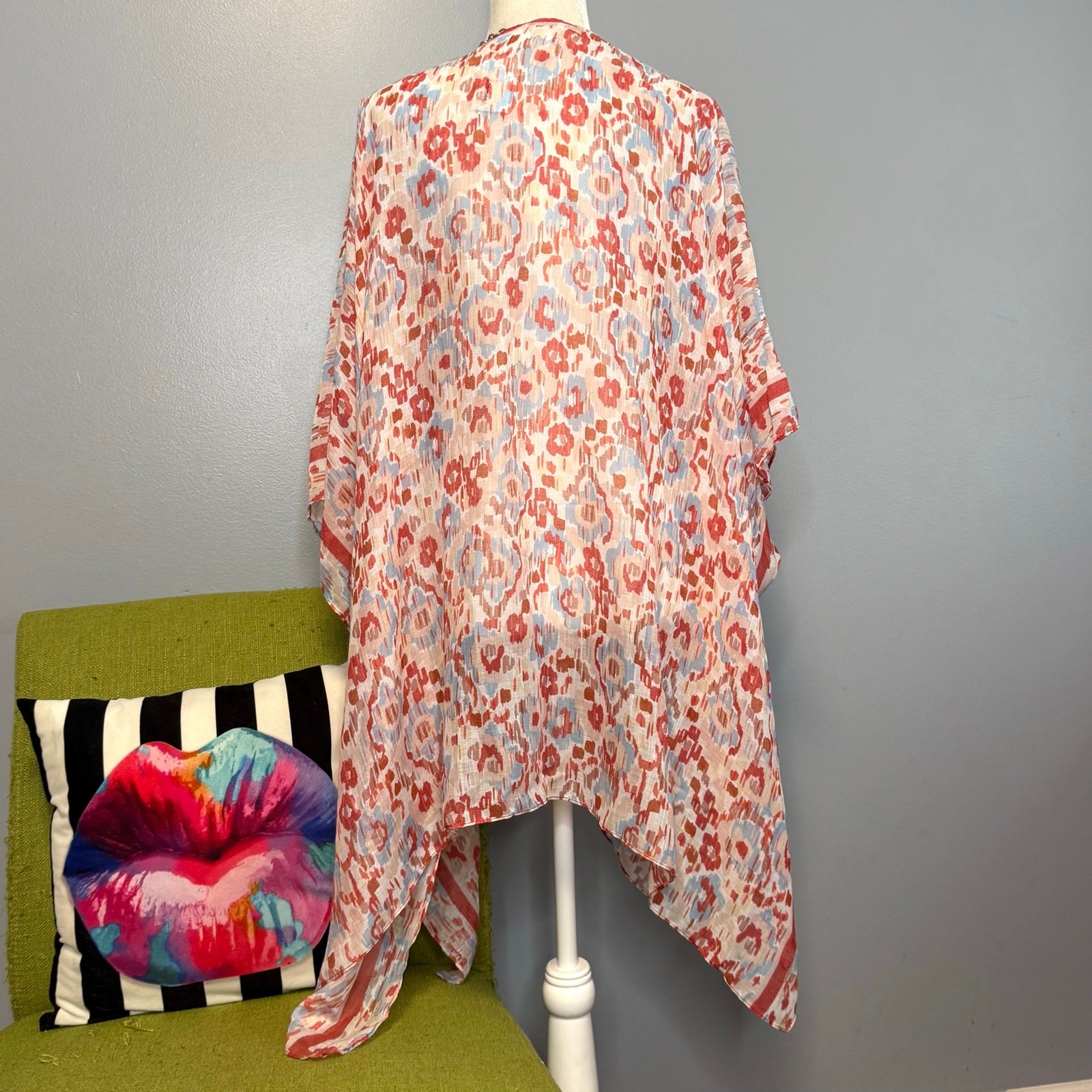 Sonoma Coral Blue Tan Lightweight Open Front Kimono NEW