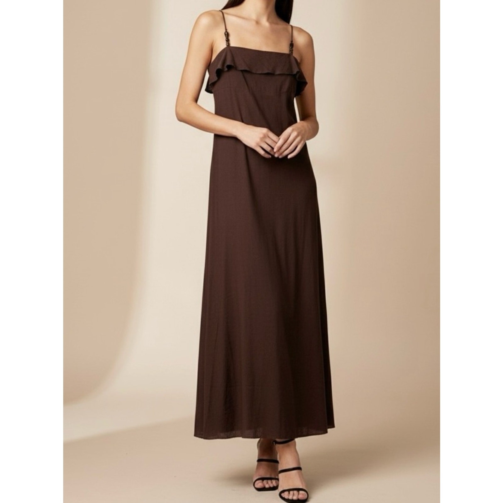 NWT Paper Heart LINEN Blend Chocolate Brown Maxi Dress with Adjustable Straps M