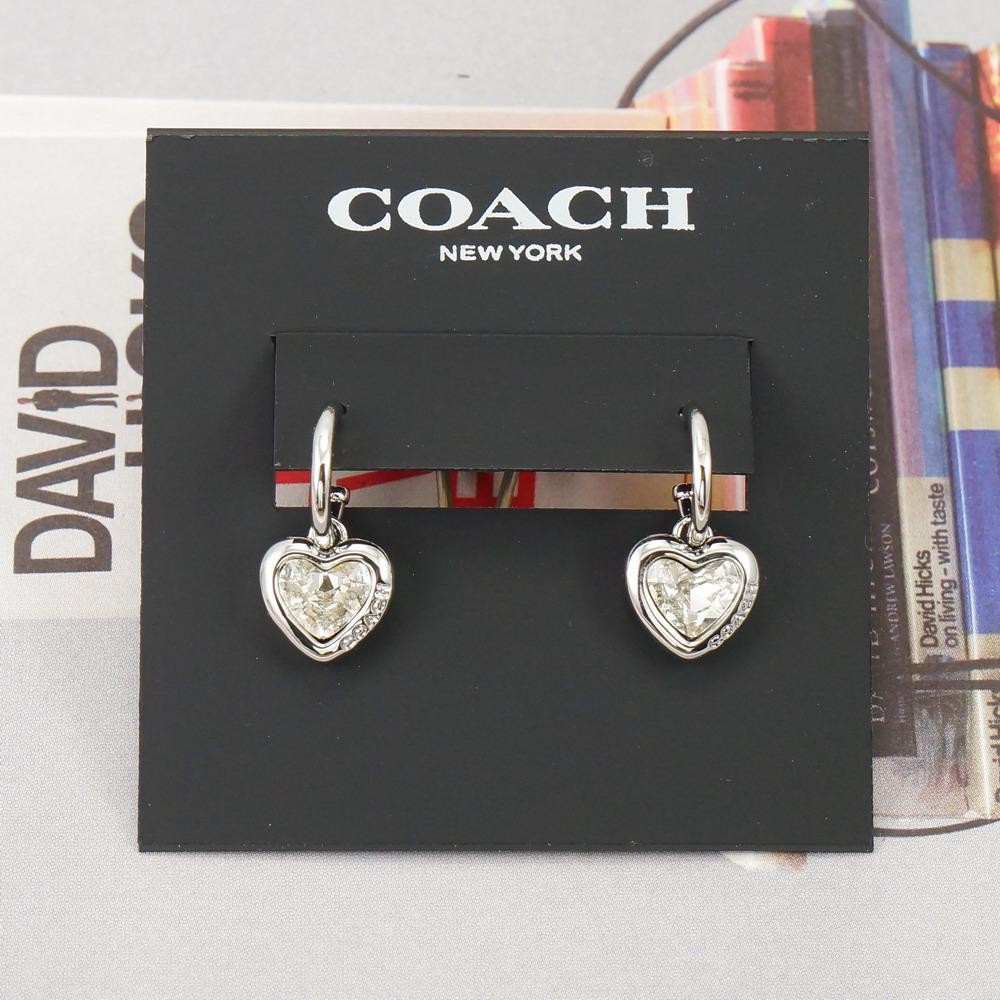 NWT Coach Stone Heart Huggie Earrings Clear Silver Tone