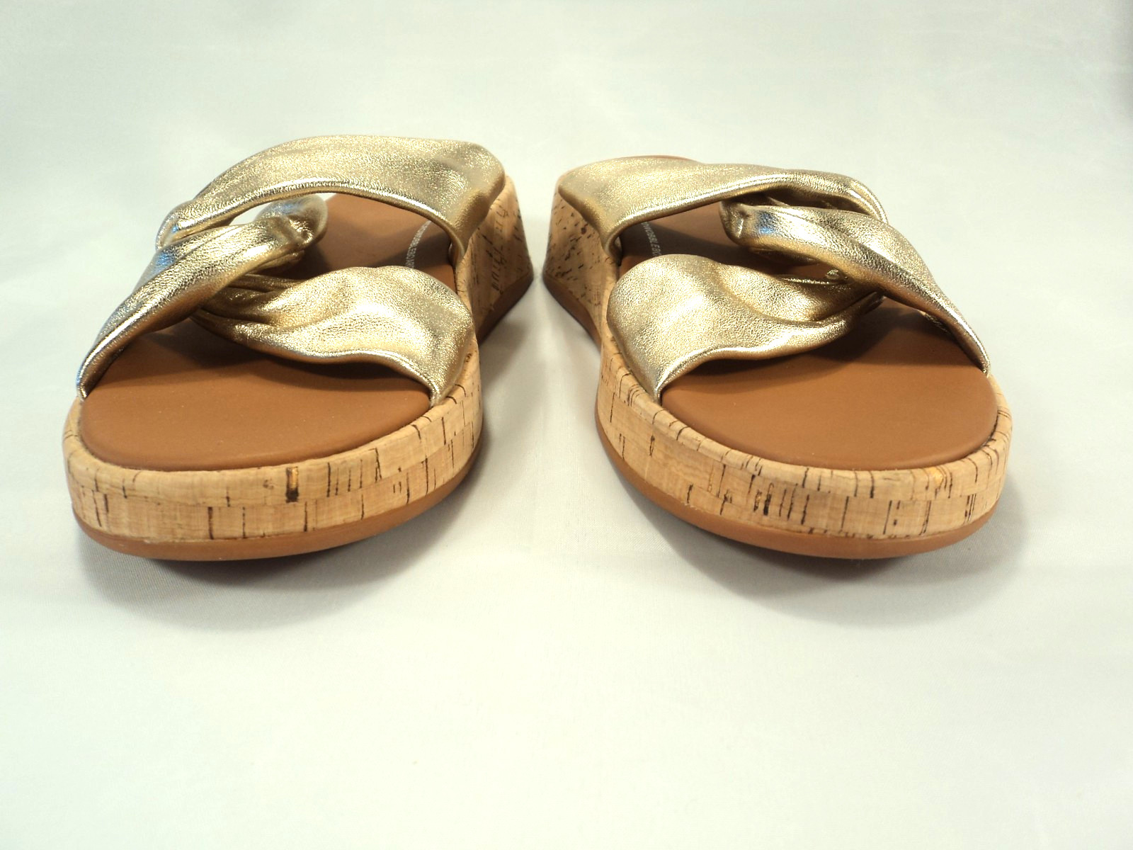 FitFlop F-Mode Leather-Twist Flatform Slides-Cork Wrap in Gold Sz 10 NWOB