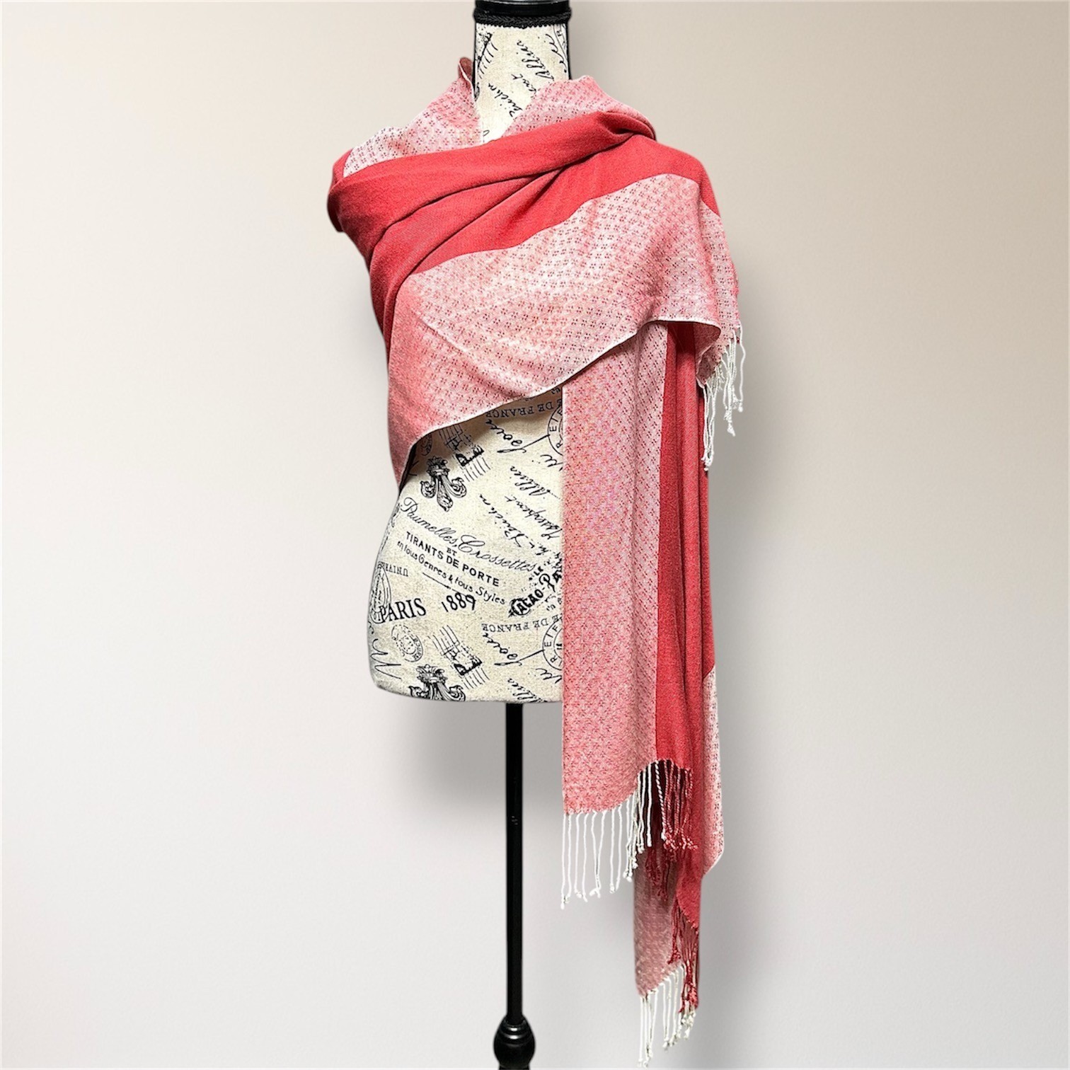 Pashmina 100% Pashmina Jacquard Fringe Shawl Wrap Pink Coral Reversible Travel