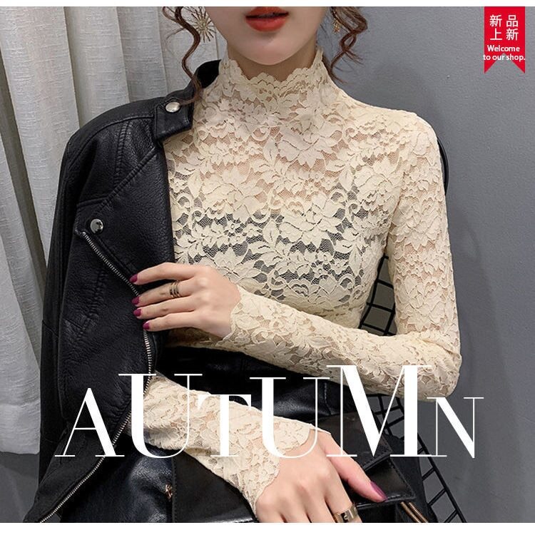 Half High Collar Lace Bottomed Blouse Mesh Hollow Out Long Sleeve Shirt Plush