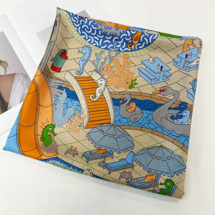 Pure Twill Silk Scarf Bandanna Large Wrap Water Park Print Square Shawl 53″