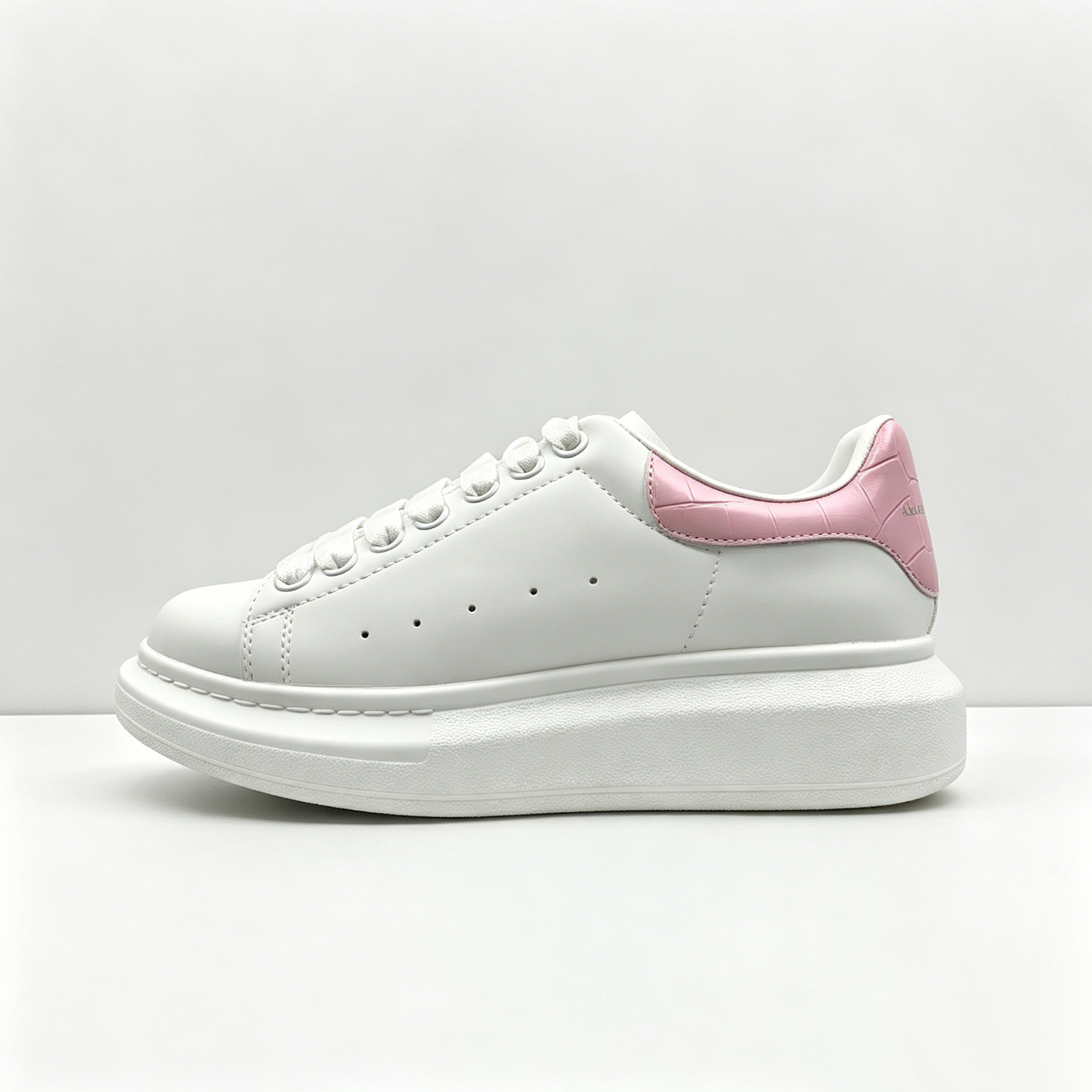 Alexander McQueen White Pink Croc Embossed Leather Heel Platform Sneakers Unisex