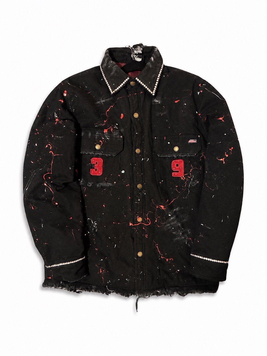 One-of-one custom Dickies jacket featuring hand-painted red/white splatter med