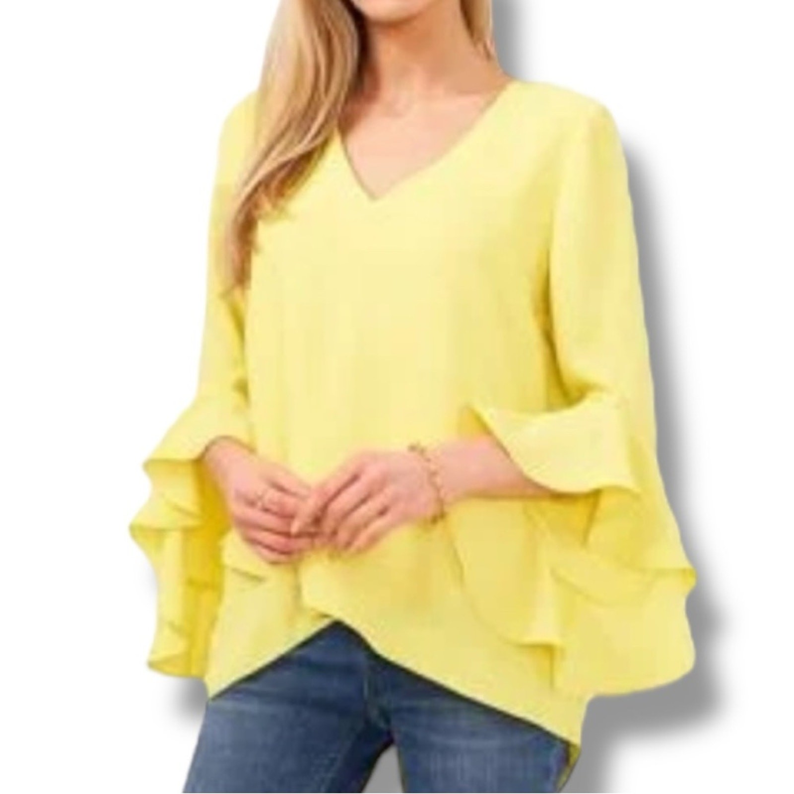 Vince Camuto sunburst yellow V-Neck 3/4-Flutter Sleeve Blouse NEW size XS