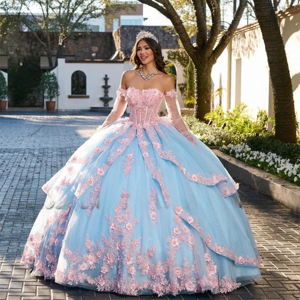 Off Shoulder 3D Floral Applique Ball Gown Quinceanera Dresses With Sheer Sleeves