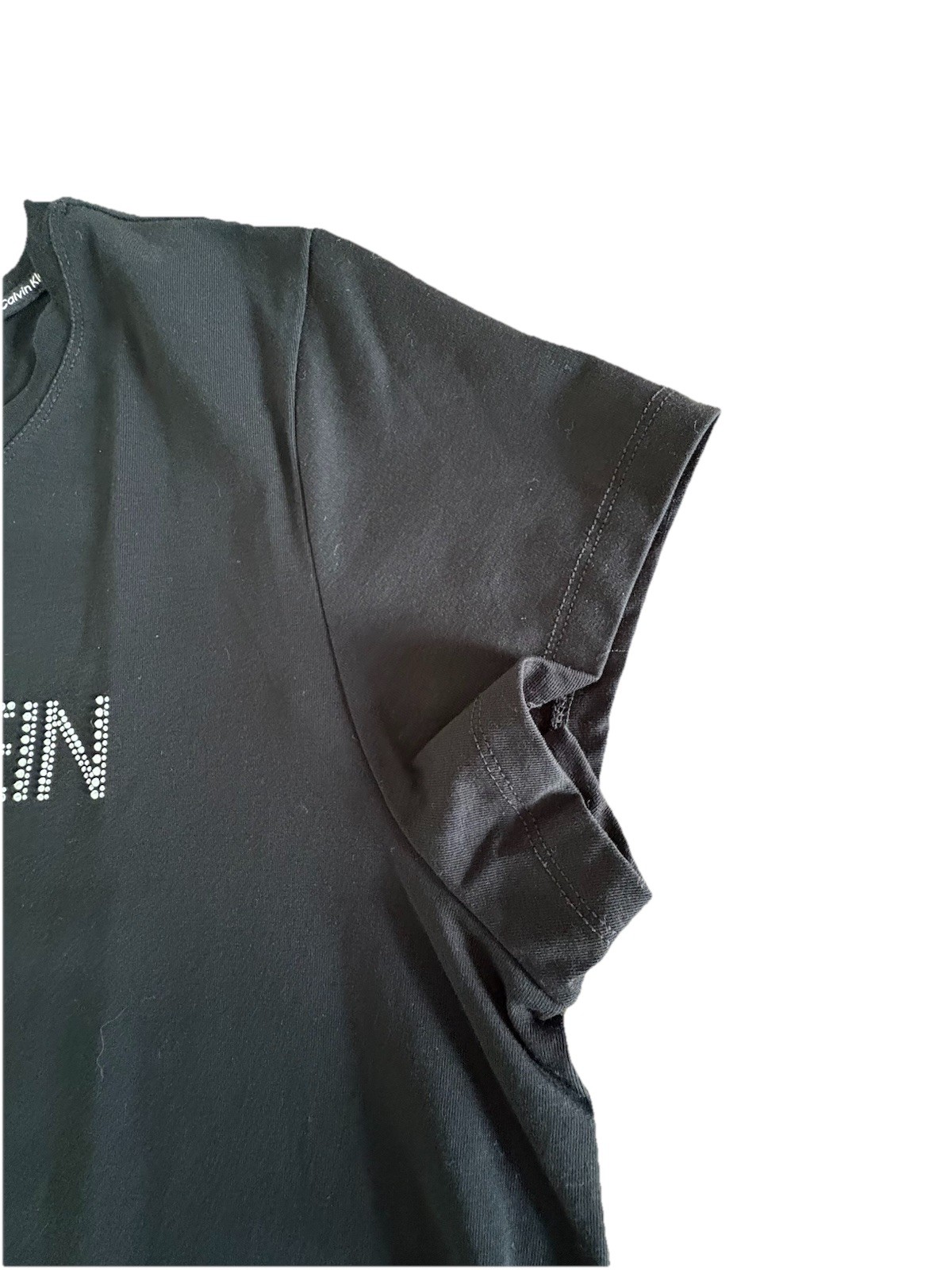 Calvin Klein T Shirt Womens Large Black Rhinestone Studded Logo Graphic Tee L