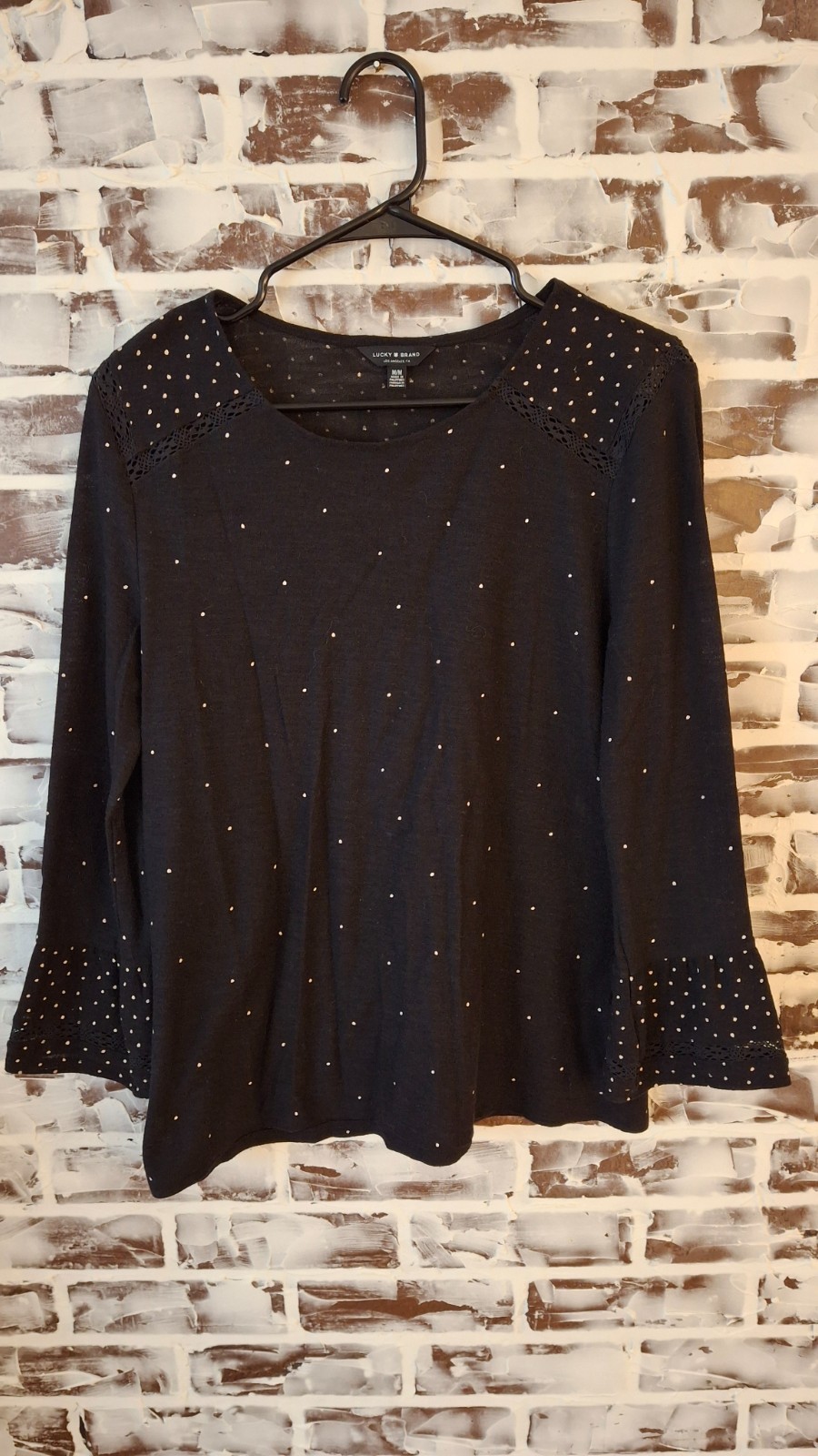 Lucky Brand Medium Top Long Bell Sleeves Black Polka Dots Crochet Accents